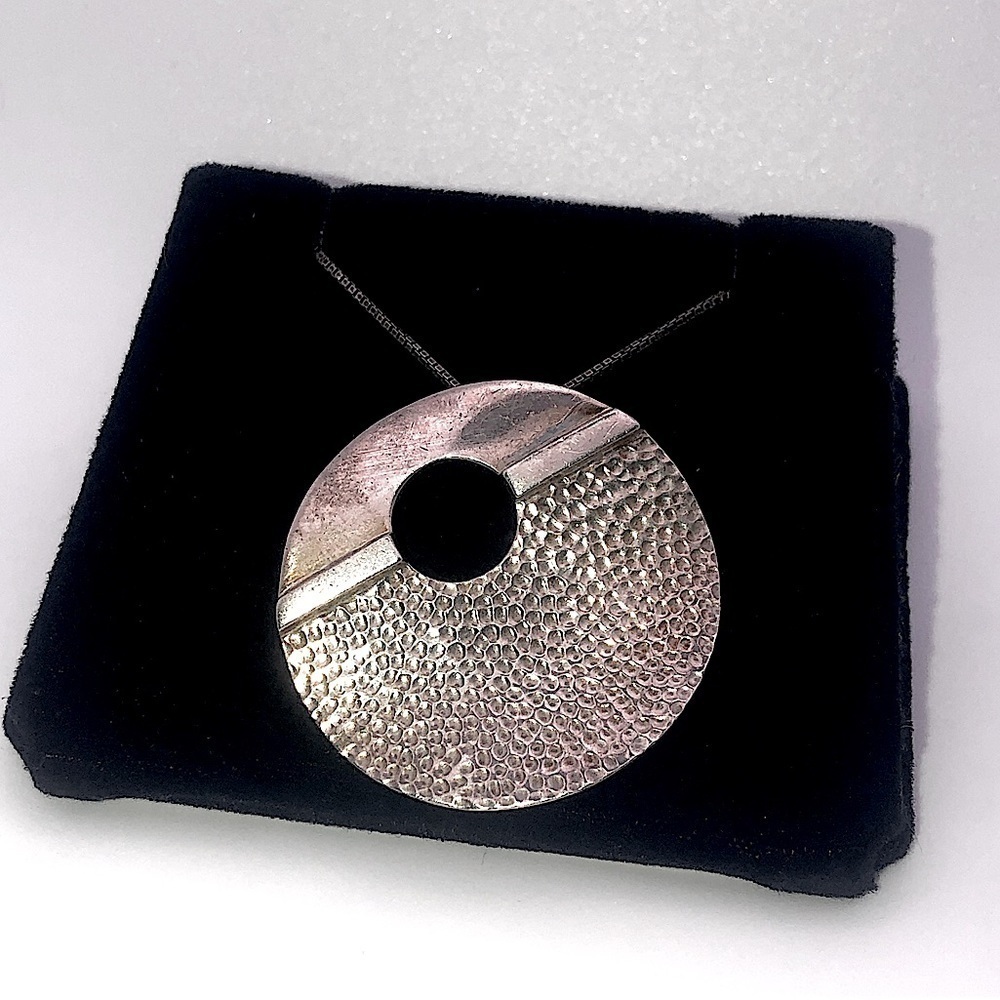 Vtg 925 Sterling Modernist Circle Pendant & Boxlink Chain 21” & 1.5” / 19.5g - Picture 4 of 10